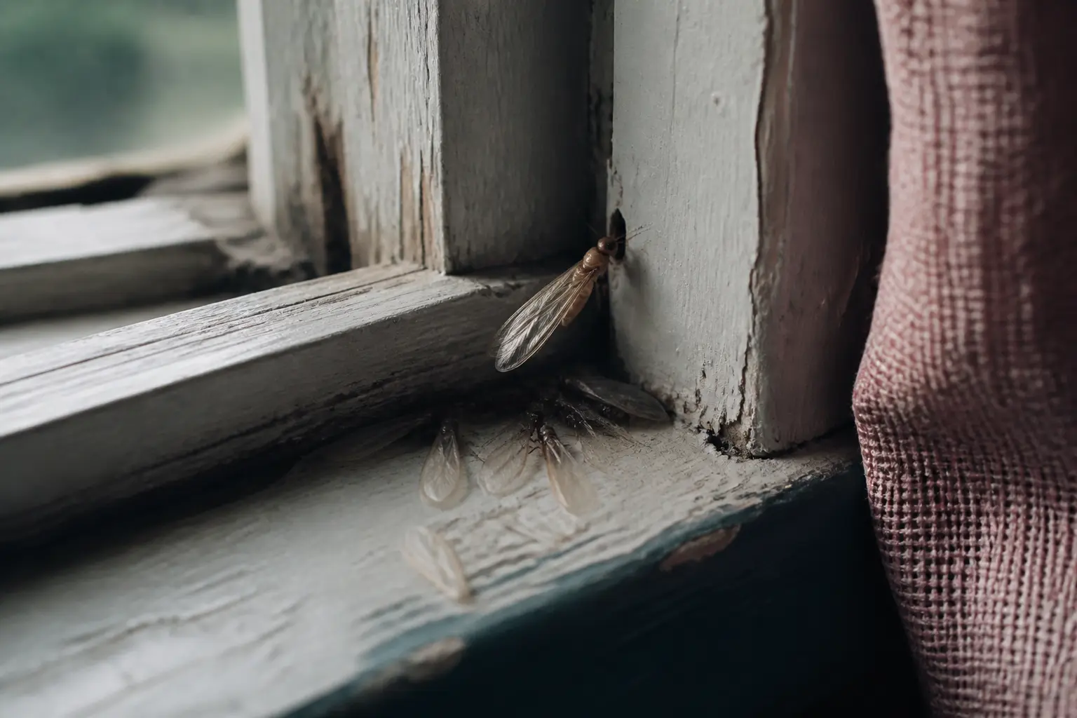 Termite ailé sortant d’une fissure dans un appui de fenêtre en bois, ailes tombées à côté, lumière froide naturelle.