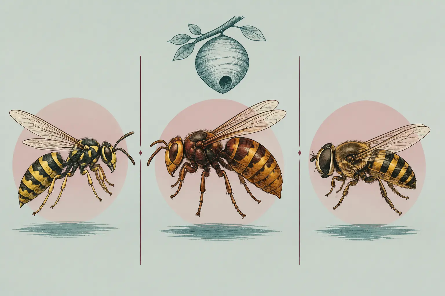 Comparatif de type de guêpe en France : guêpe, frelon et syrphe en silhouettes scientifiques, vue de côté.