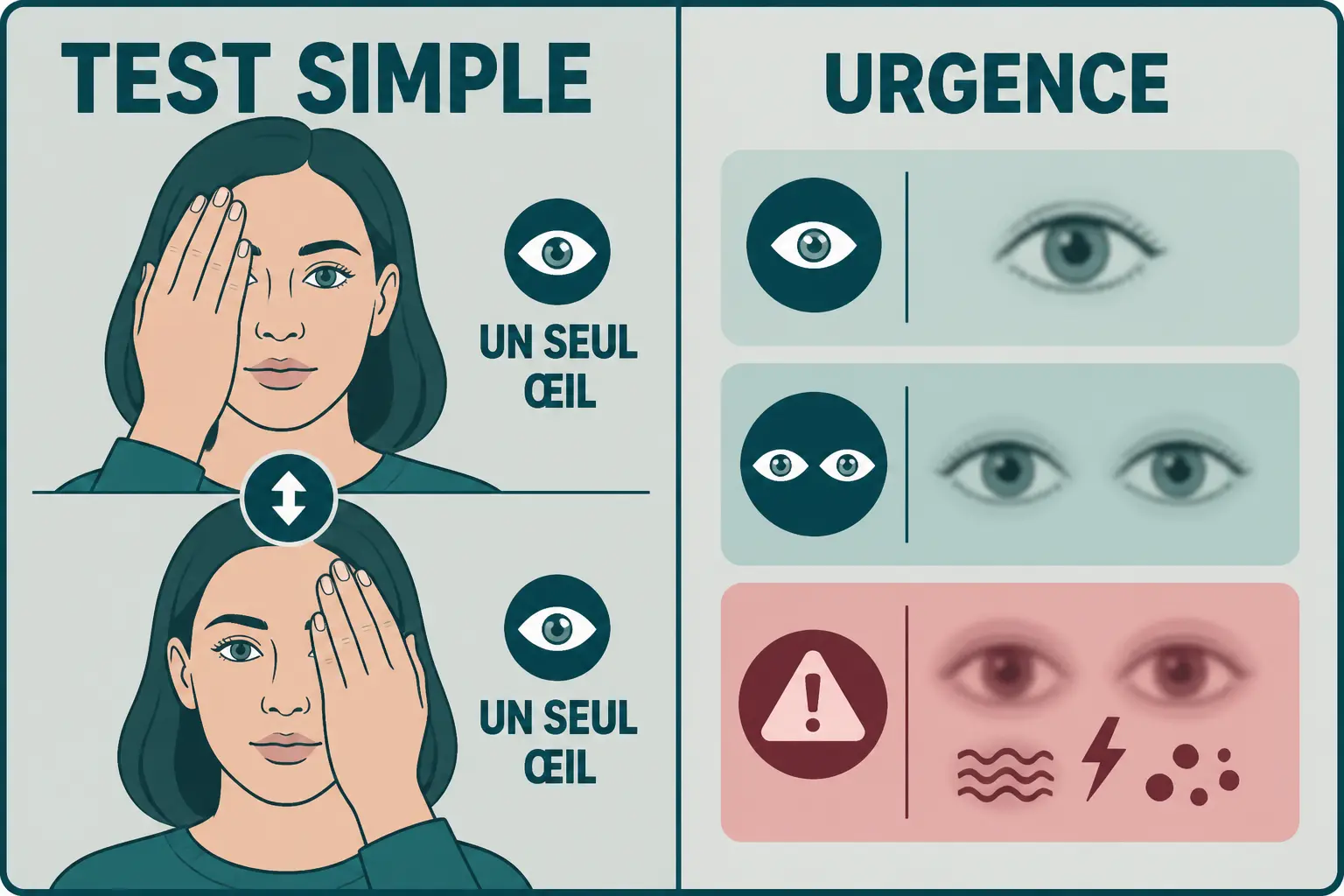 Infographie sur la vision floue d un oeil : test simple en couvrant un œil, puis échelle d’urgence avec alertes.
