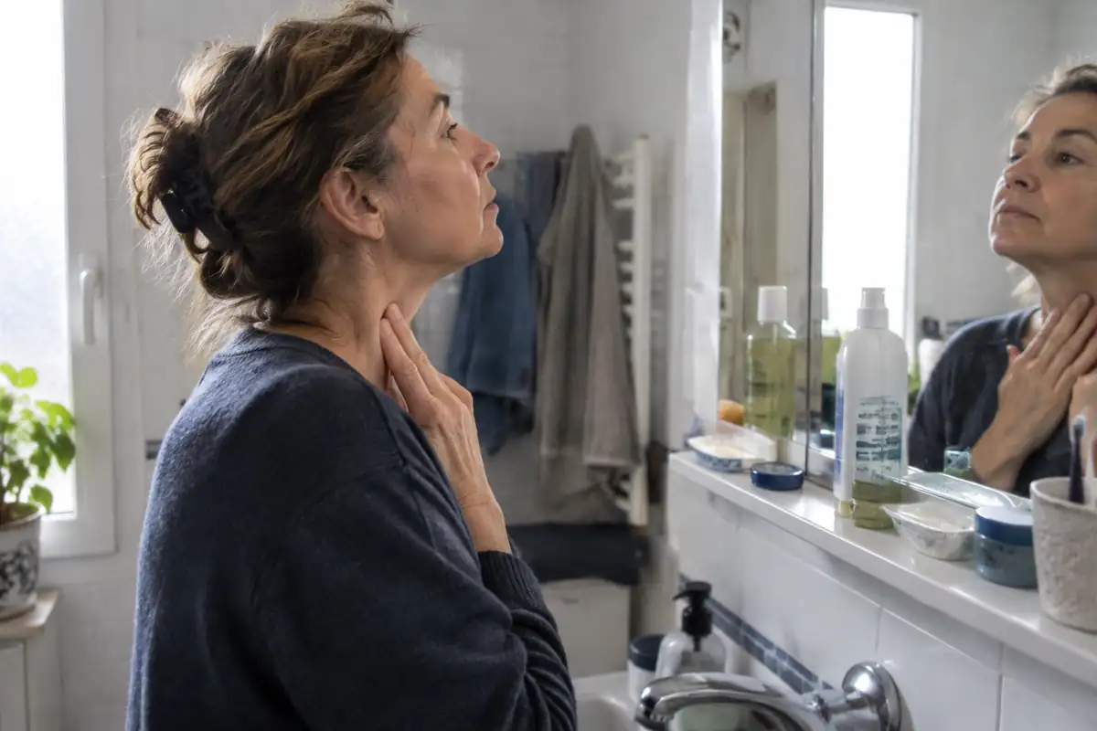Une femme devant le miroir de sa salle de bains, les doigts posés à la base de l'avant du cou