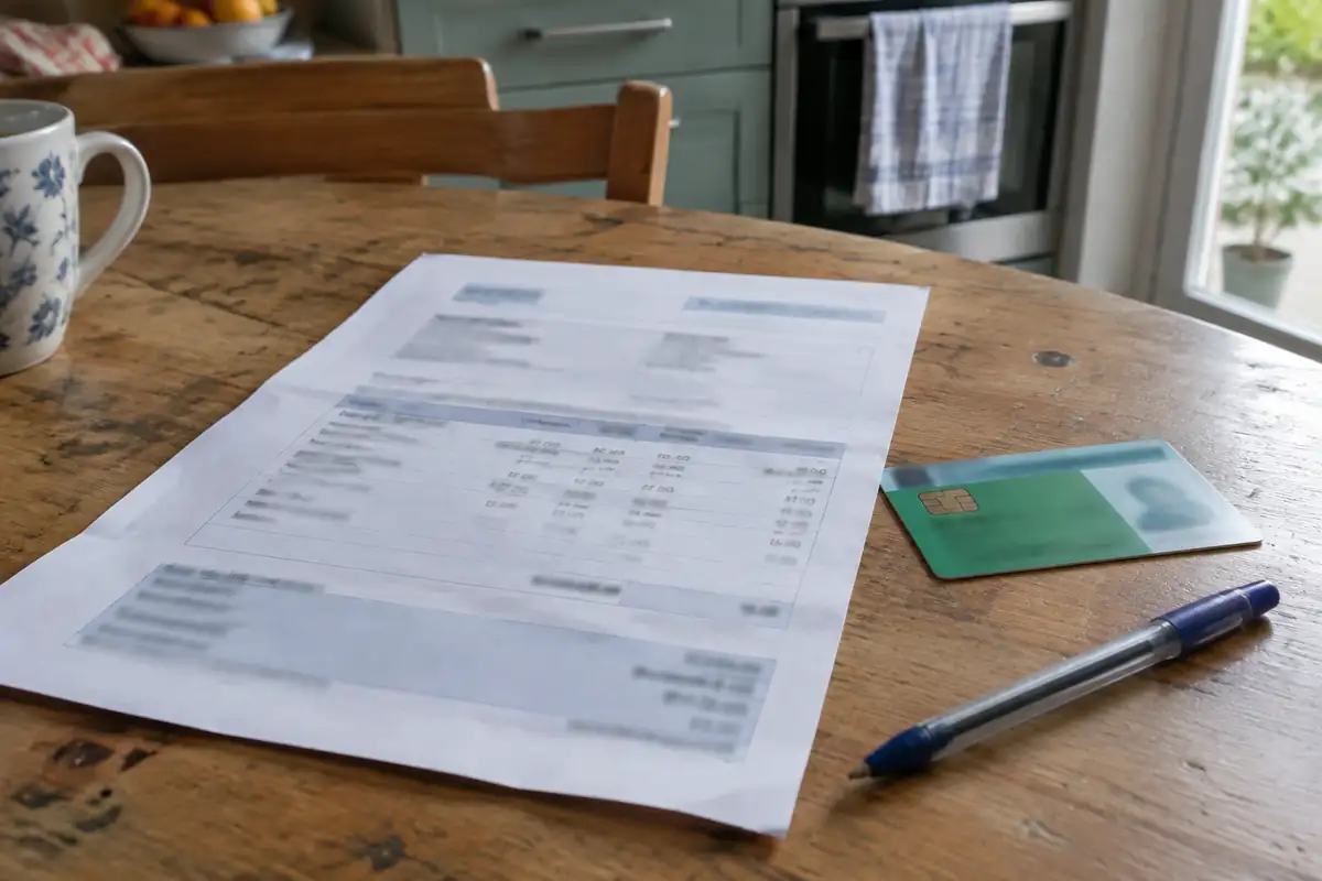 Décompte de remboursement et carte vitale posés sur une table