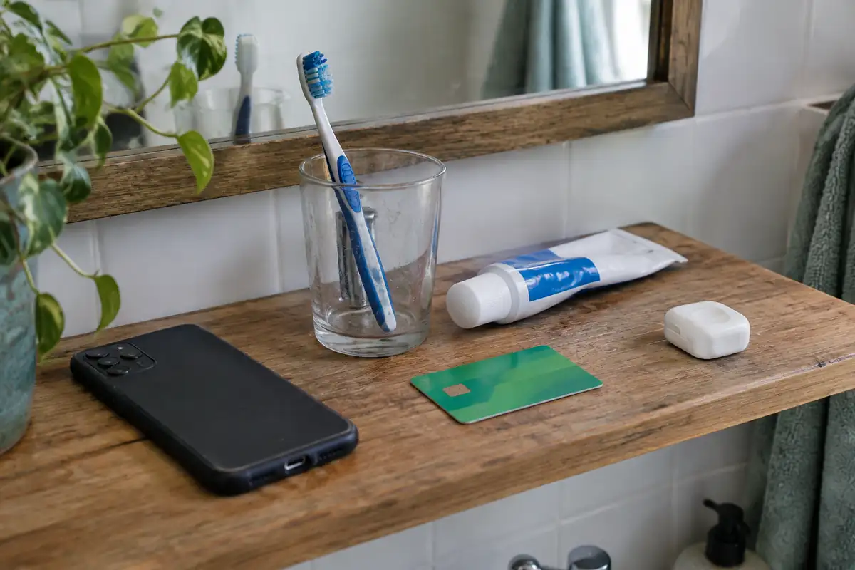 Étagère de salle de bains avec téléphone, brosse à dents, dentifrice et carte d'assurance maladie
