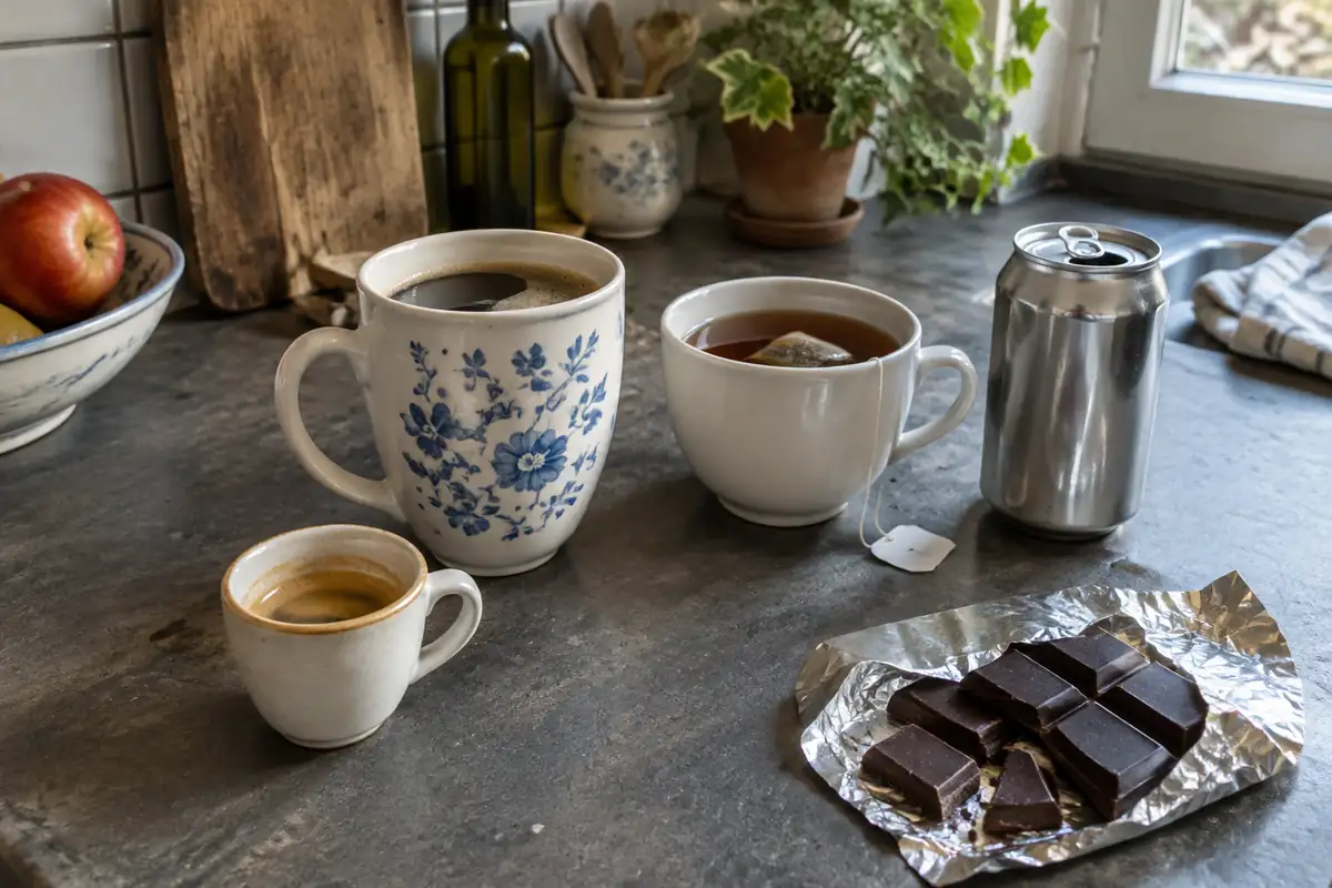 Expresso, café filtre, thé, canette et chocolat noir alignés sur un plan de travail