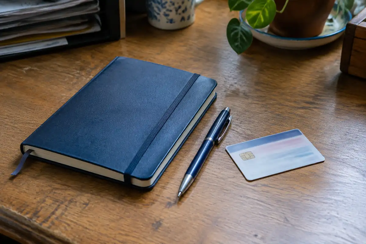 Carnet et stylo posés près d'une carte sur un bureau