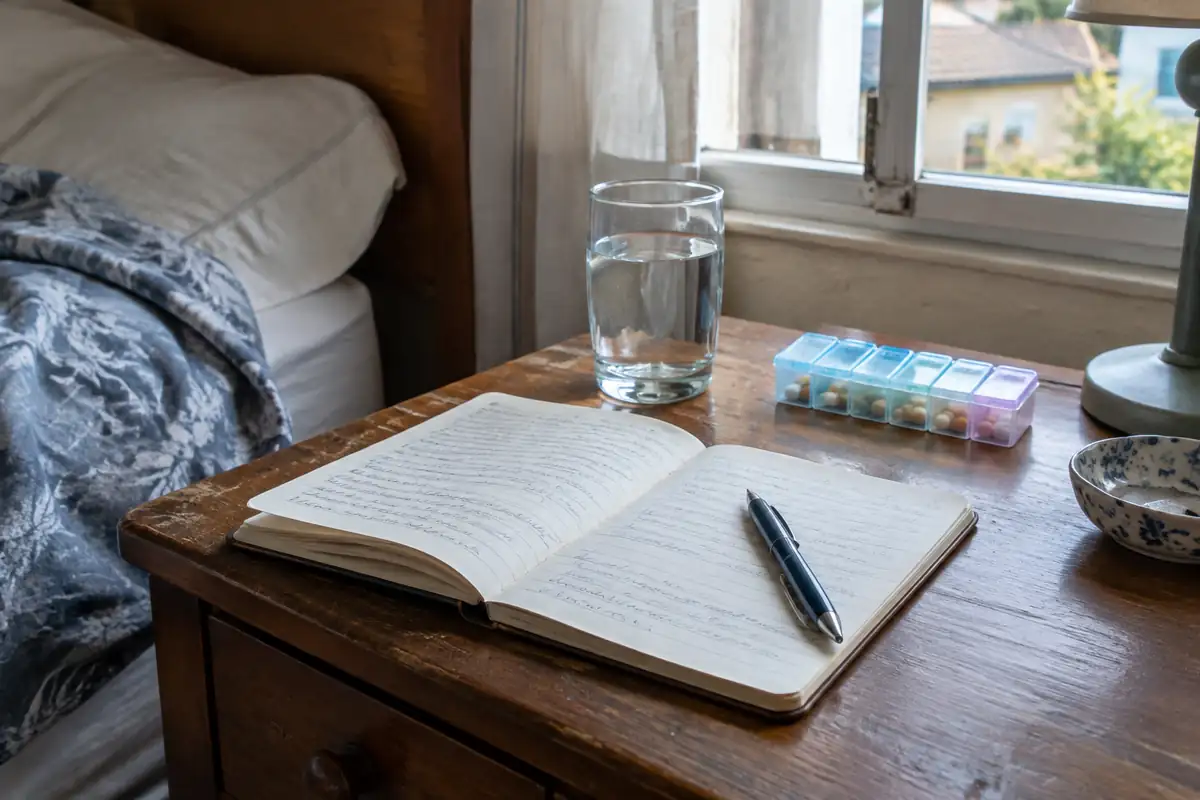 Carnet ouvert, stylo, verre d'eau et pilulier sur une table de chevet