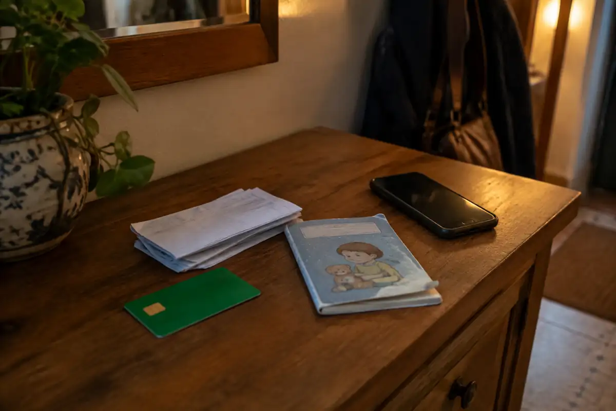 Carte Vitale, ordonnances et carnet de santé prêts sur un meuble d'entrée
