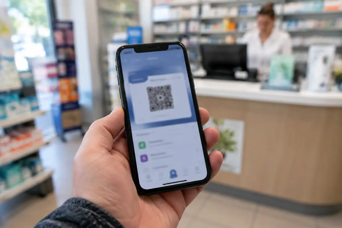 Smartphone affichant un bon avec code QR devant un comptoir de pharmacie