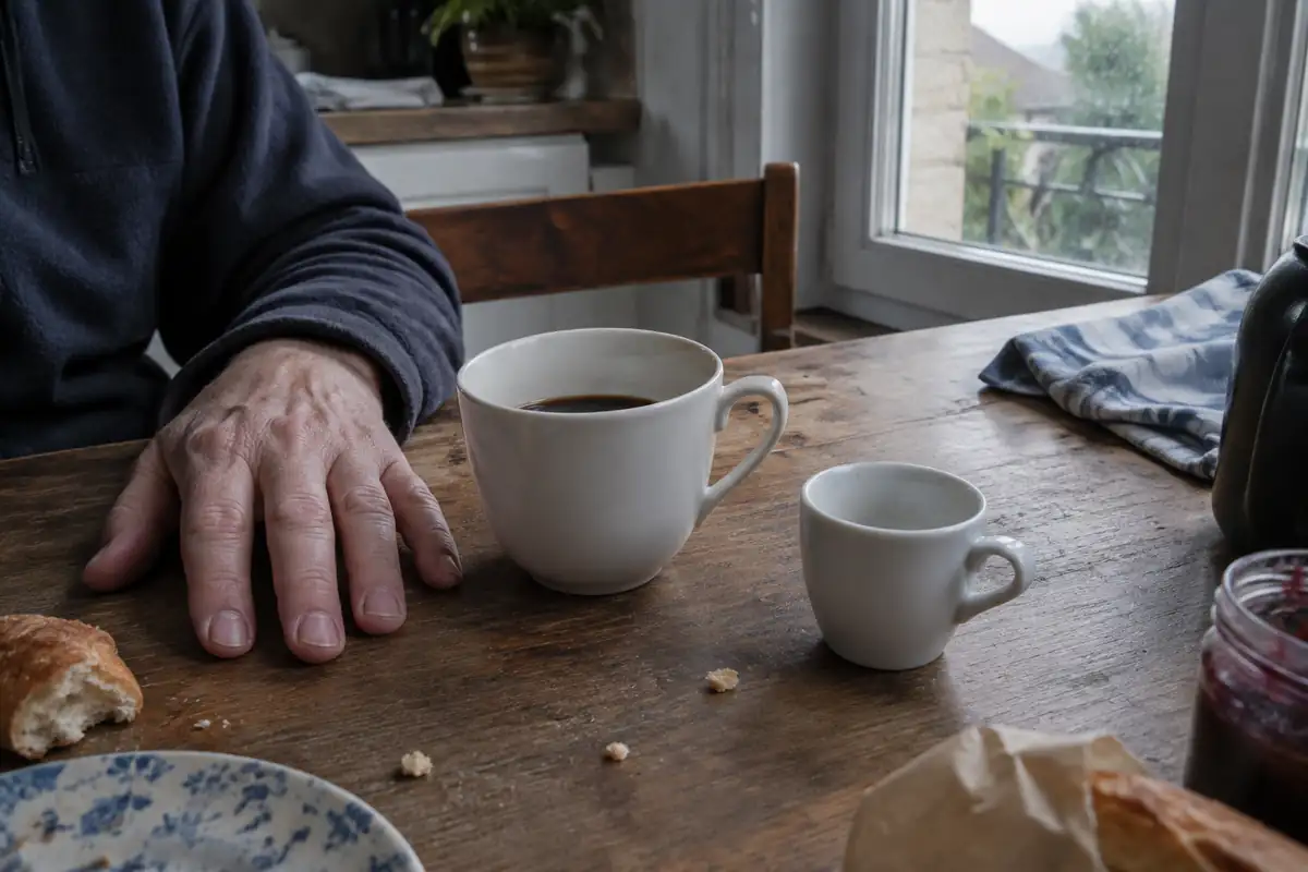 Tasse de café à moitié bue et tasse d'expresso vide sur une table de cuisine le matin