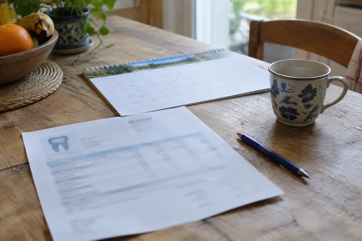 Devis dentaire et calendrier posés sur une table de cuisine