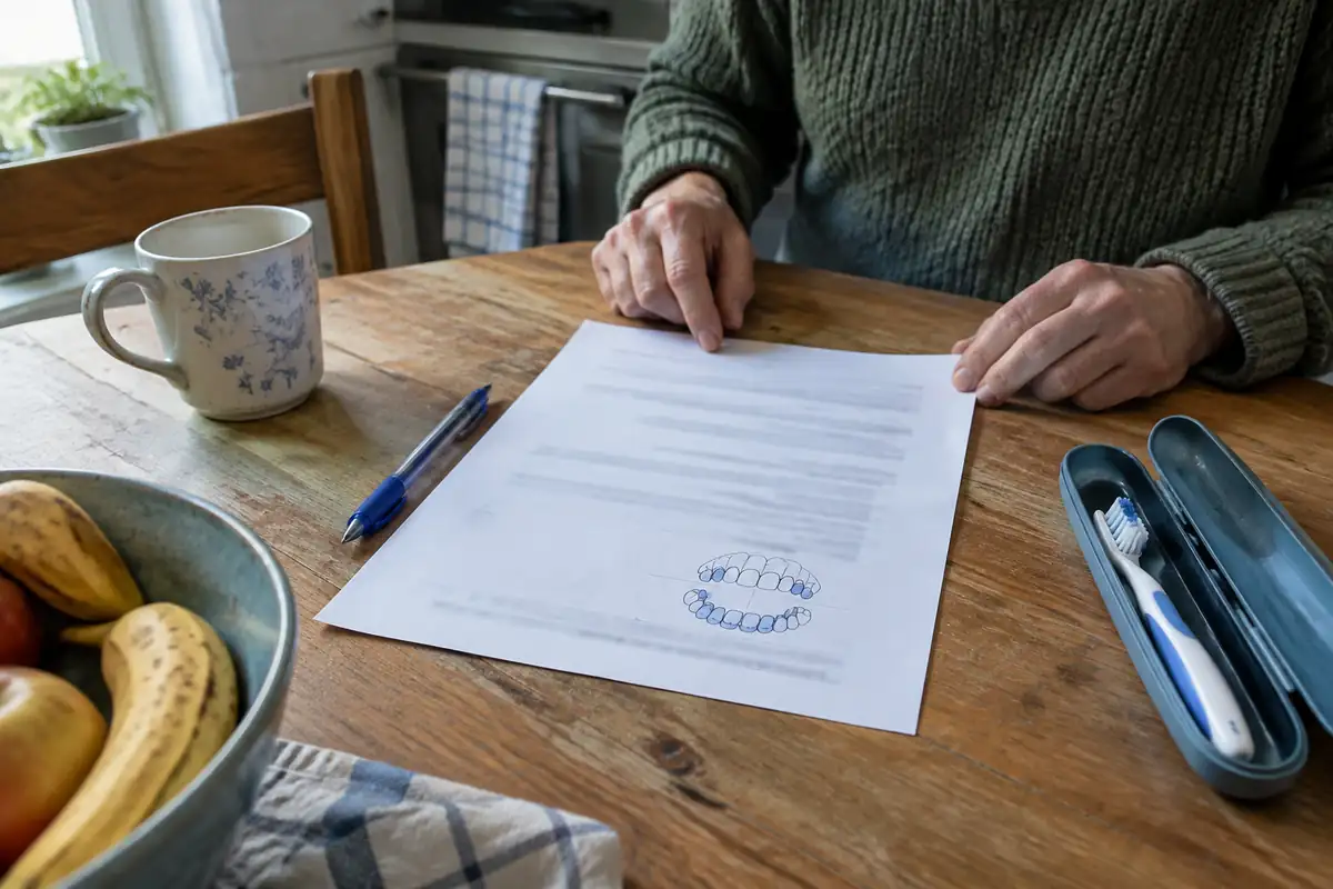 Feuille imprimée avec un petit schéma dentaire posée sur une table de cuisine