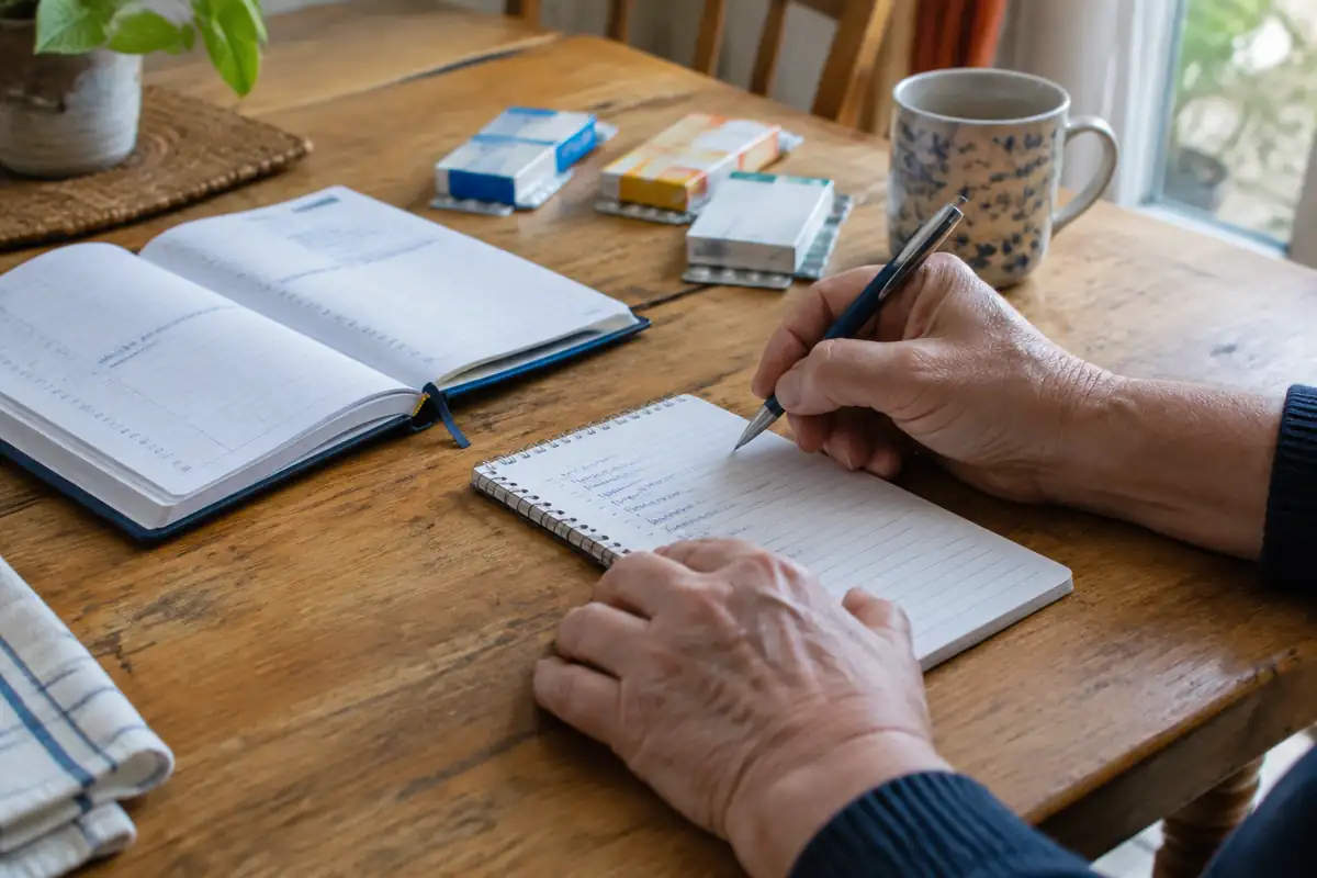 Deux mains écrivent une liste de médicaments sur un carnet, à côté d'un agenda ouvert, sur une table de cuisine
