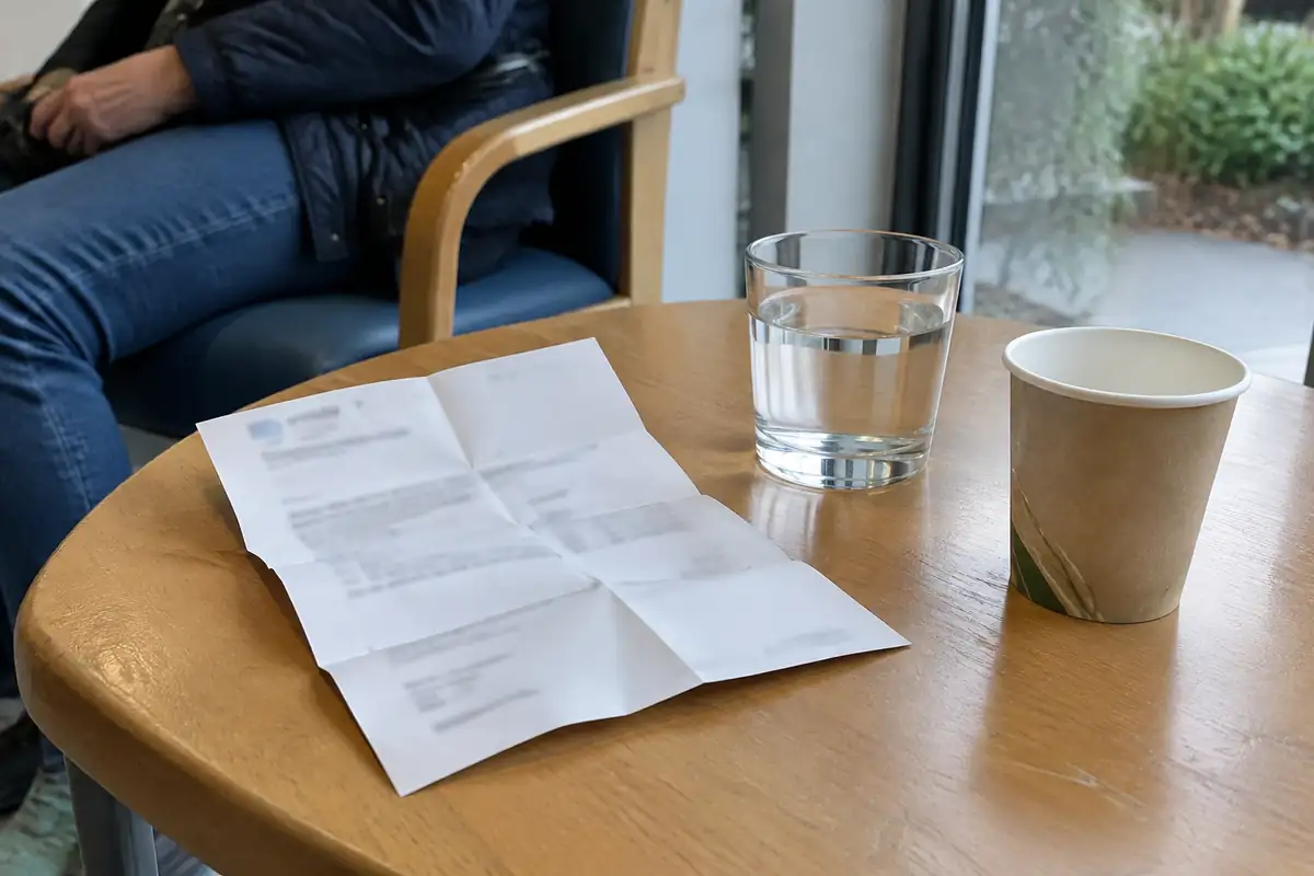 Ordonnance pliée sur une table de salle d'attente, à côté d'un verre d'eau et d'un gobelet