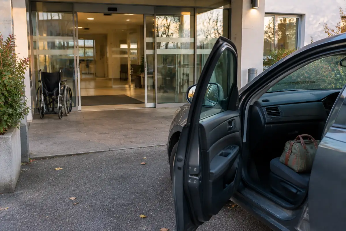 Voiture garée à l'entrée d'une clinique, portière passager ouverte et sac posé sur le siège