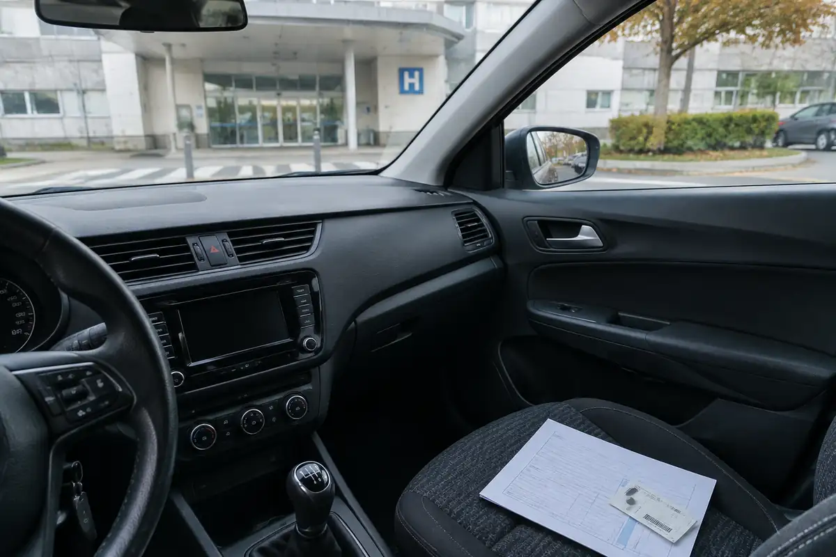 Voiture personnelle garée devant l'entrée d'un hôpital, formulaire sur le siège passager